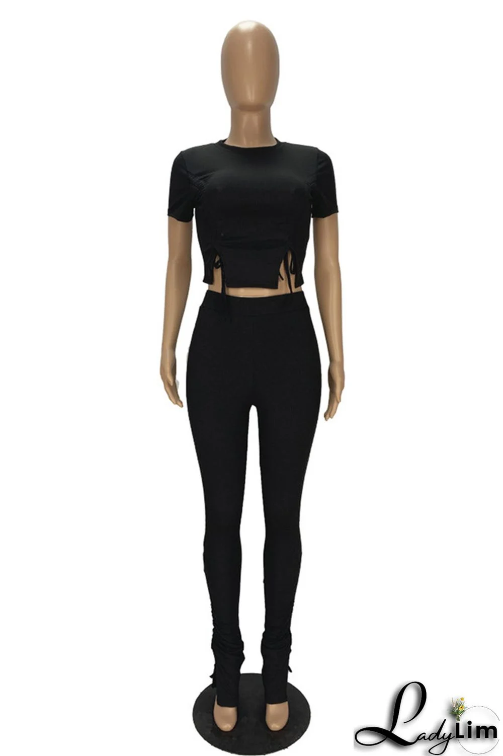 Khaki Fashion Casual Solid Draw String Frenulum O Neck Short Sleeve Two Pieces