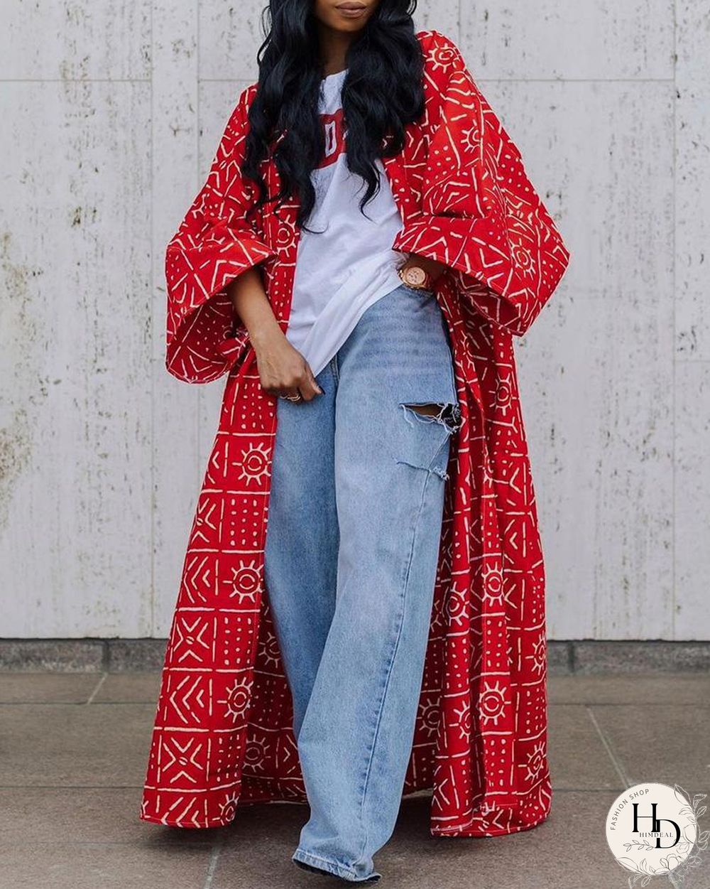 Bell Sleeve Graphic Print Longline Coat