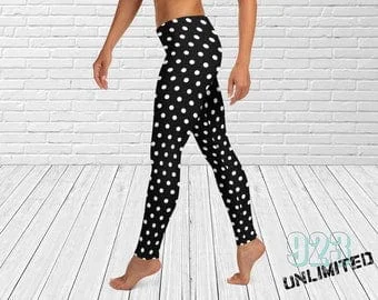 pornhint Pornhint Polka Dot Womens Long Leggings | Cute Leggings | Black and White Leggings | Soft Leggings | Yoga Leggings | Polka Dot