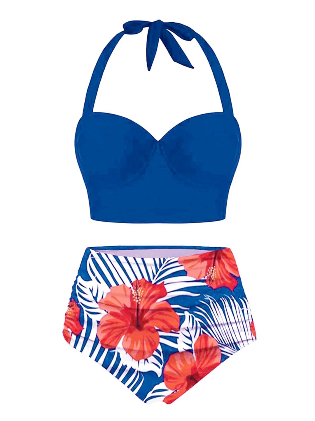 Halter Flowers Pleated Bikini Set