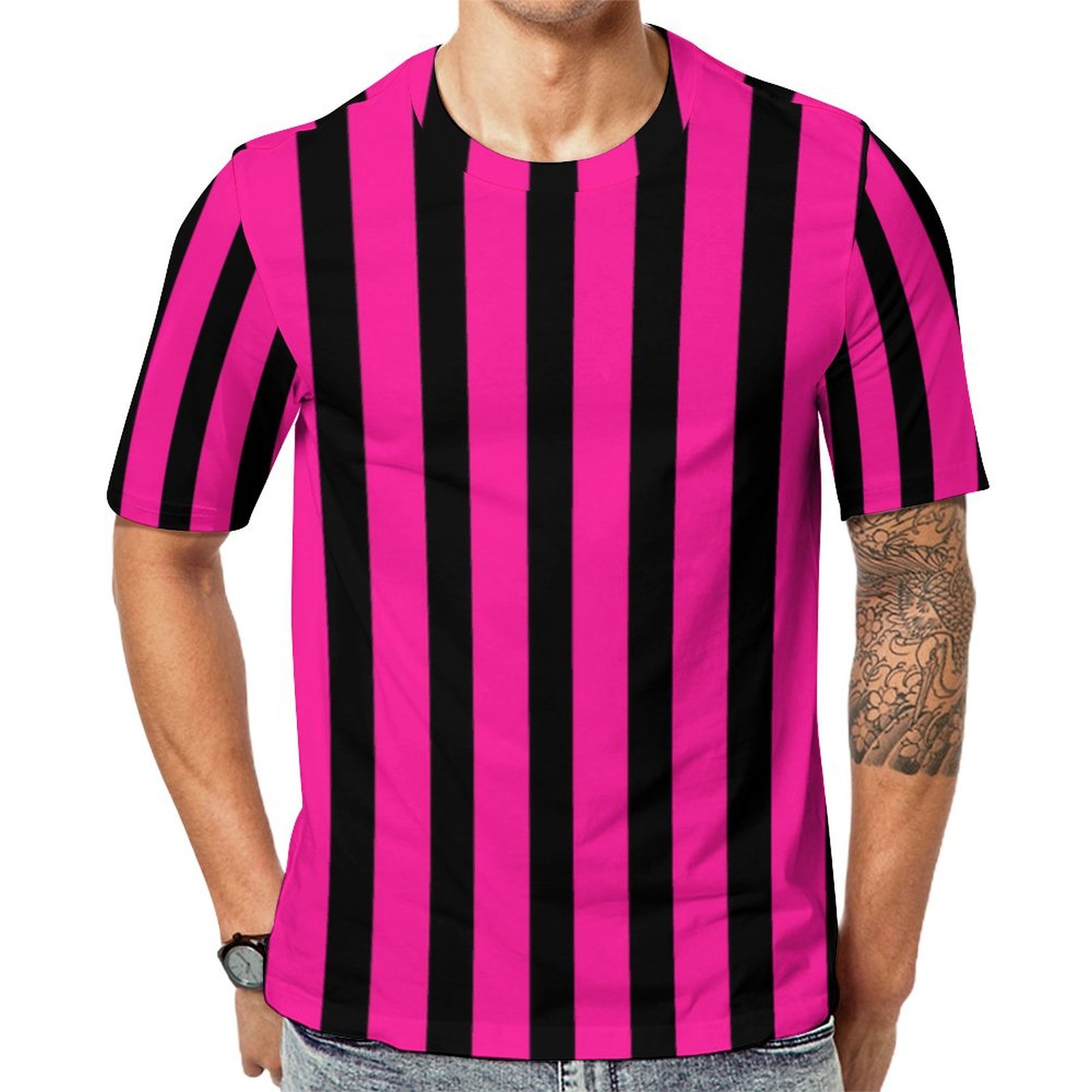 Hot Pink Fuchsia Black Striped Short Sleeve Print Unisex Tshirt Summer Casual Tees for Men and Women Coolcoshirts