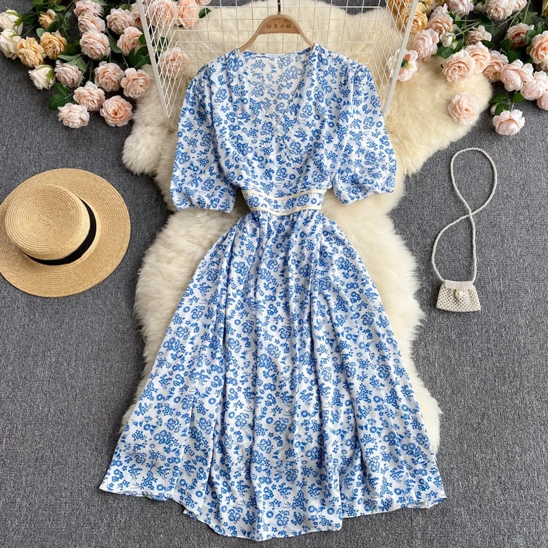 Croysier Casual Dresses For Women 2021 Elegant Belted Chiffon Midi Dress V Neck Short Puff Sleeve Floral Dress Women Summer