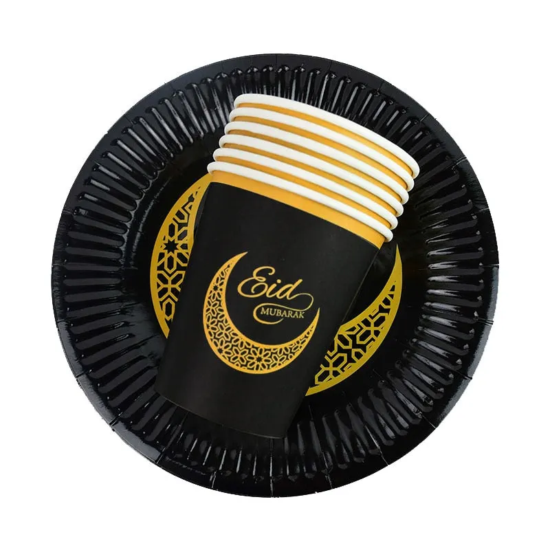 Ramadan Kareem Decoration Eid Mubarak Banner Balloons Disposable Tableware Set Ramadan Mubarak Muslim Islamic Party Decorations