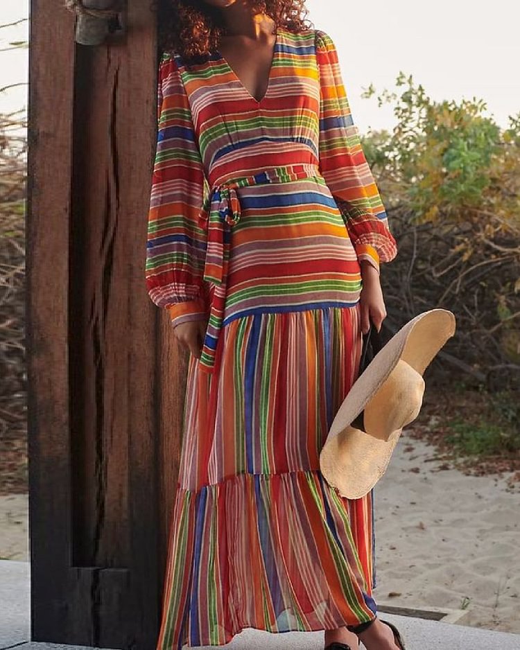 Casual Colorful Striped Print Long-sleeved Dress