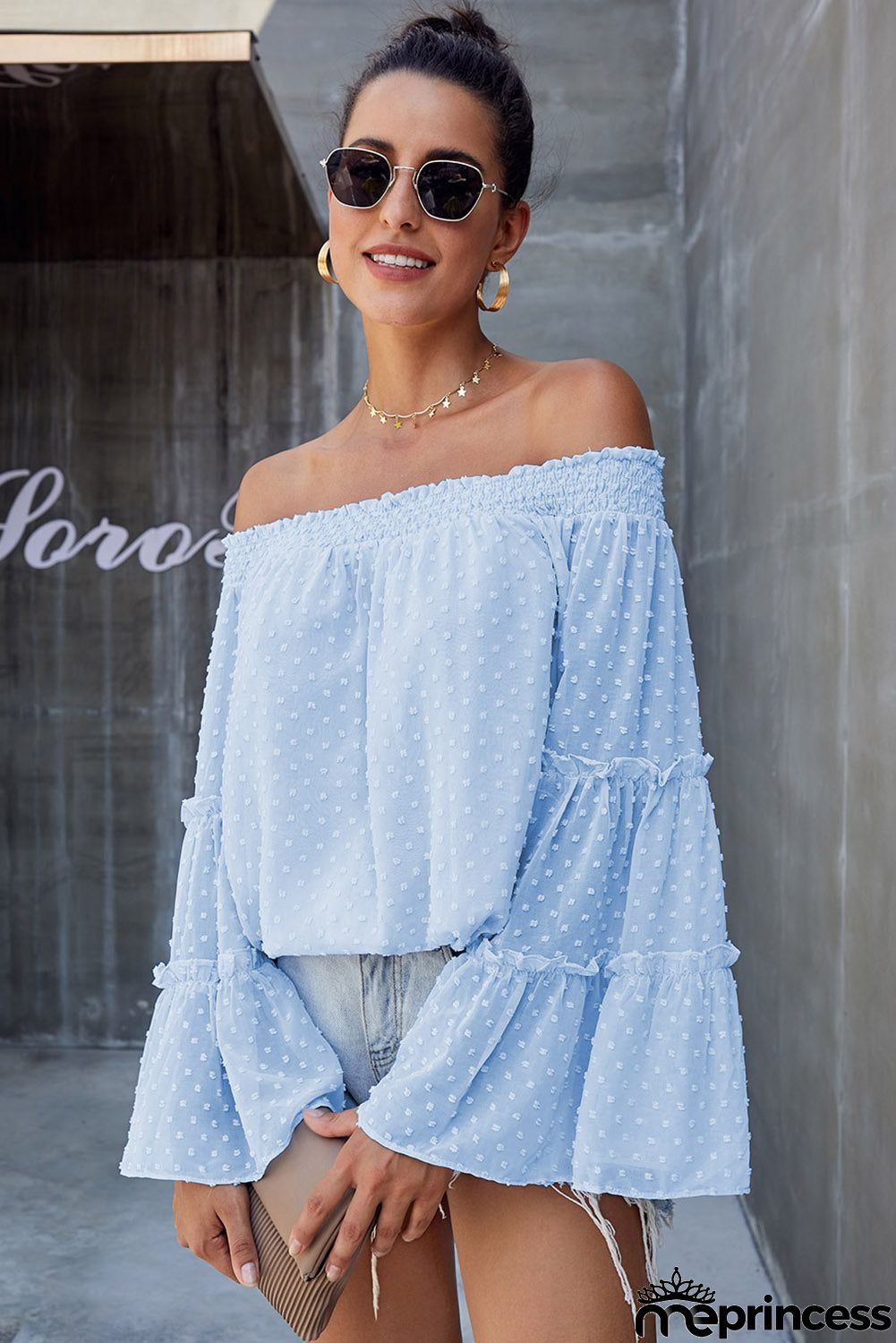 Sky Blue Swiss Dot Off The Shoulder Bell Sleeve Blouse