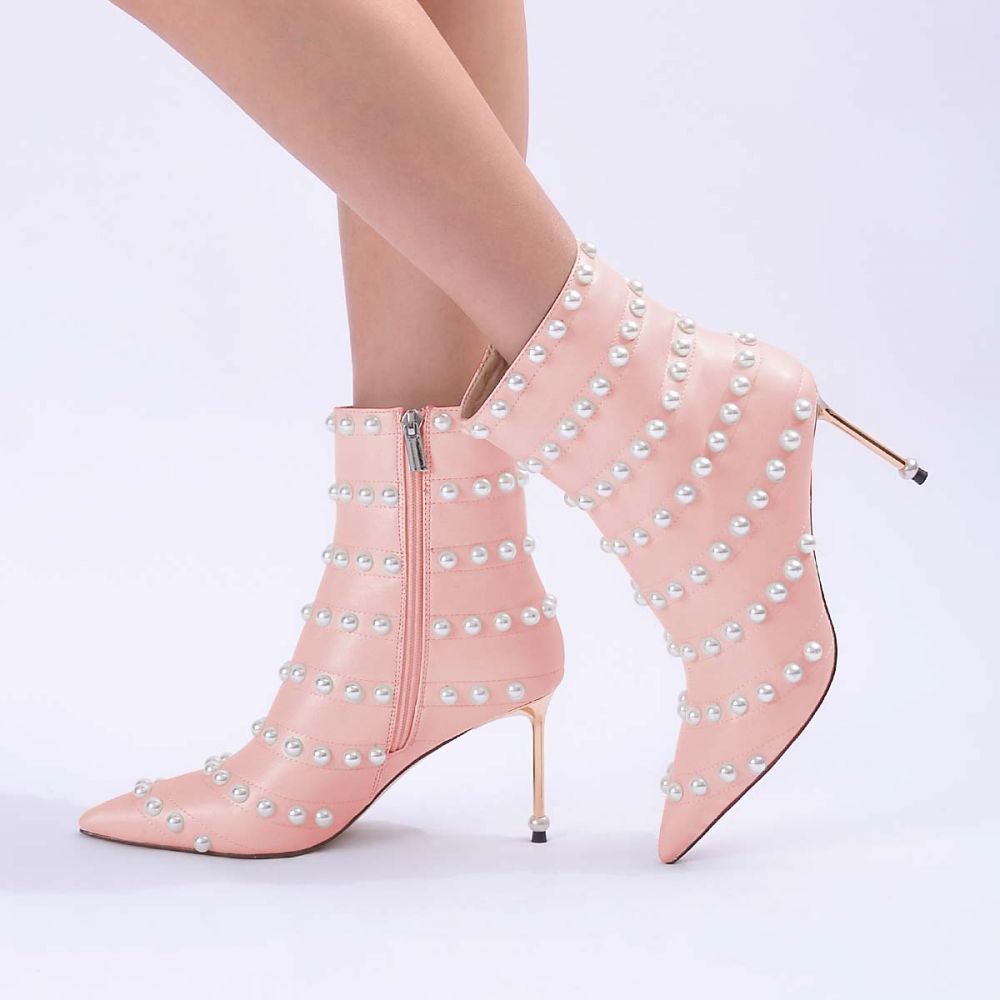 Elegant Pink Pointed Toe Pearl Embellished Heeled Ankle Boots Nicepairs