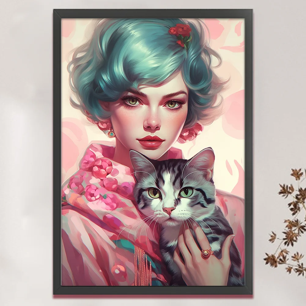 11CT Full Stamped Cross Stitch - Short Hair Woman Cat(Canvas|40*60CM)