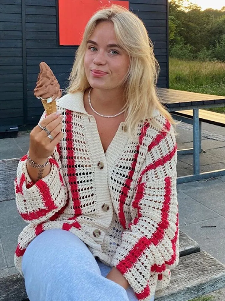 Gitana 2022 Autumn Knitted Long Sleeve Cardigan Women Red Stripe Loose V Neck Oversized Sweater Tops Fashion Casual Pullover