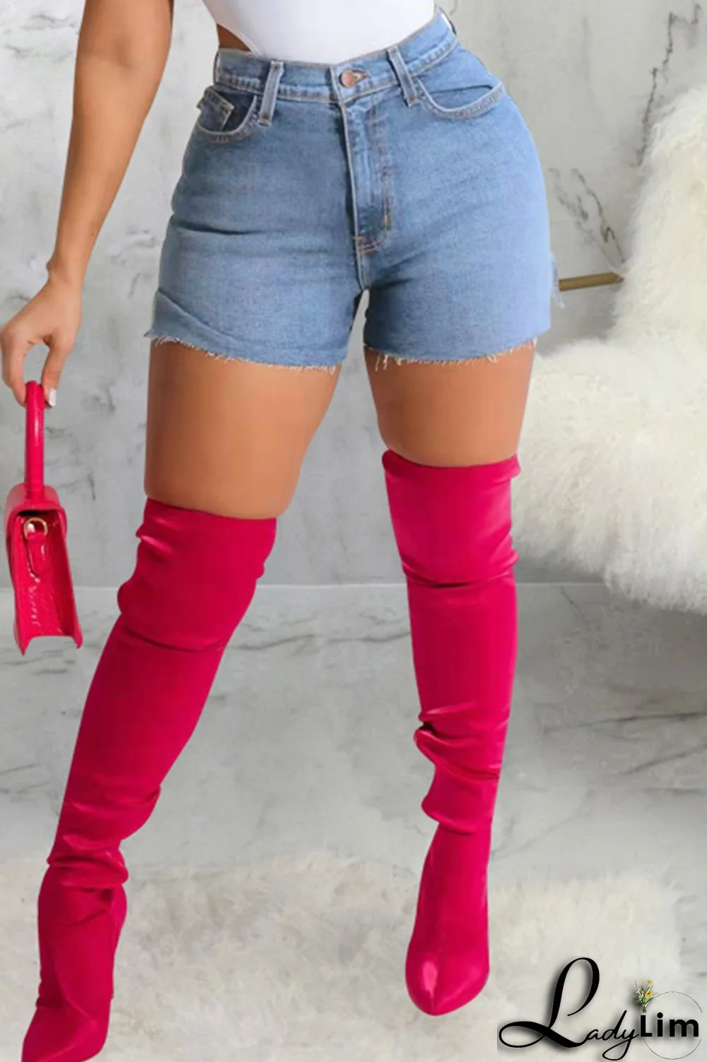 Blue Fashion Casual Solid Slit High Waist Regular Denim Shorts