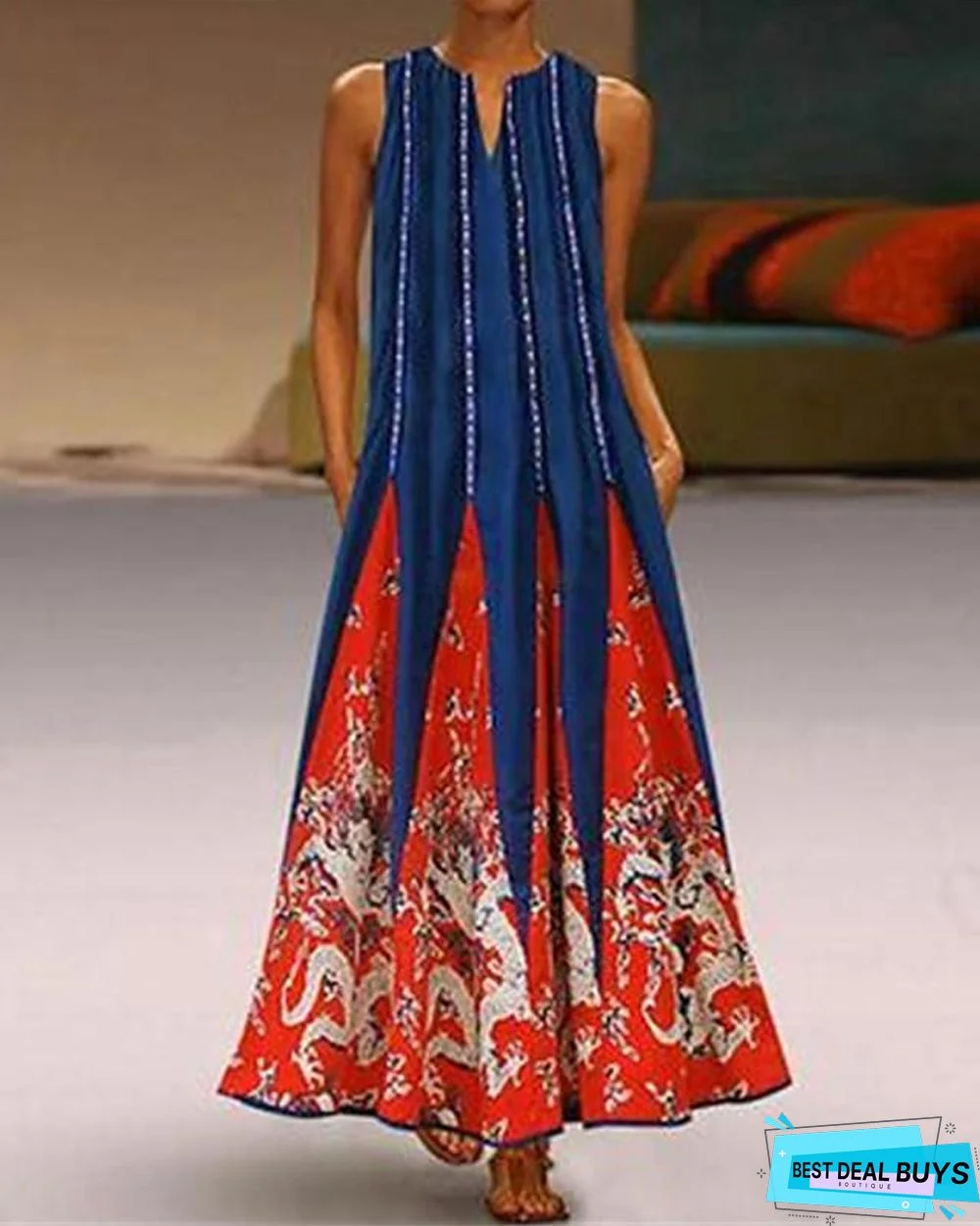 Women's Tunic Maxi Long Dress Sleeveless Tribal Print Summer Plus Size Hot Casual White Black Blue Red Green