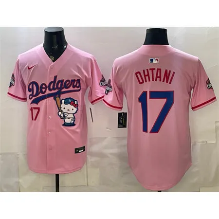 Men's Los Angeles Dodgers #17 Shohei Ohtani Pink Hello Kitty Night 2025 World Series Champions Patch Stitched Baseball Jersey