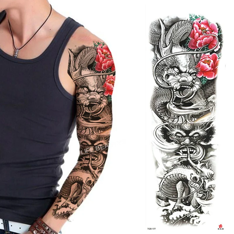 Sdrawing Arm Sleeve Tattoo Lion Crown King Rose Waterproof Temporary Sticker Wild Wolf Tiger Men Full Skull Totem Tatoo