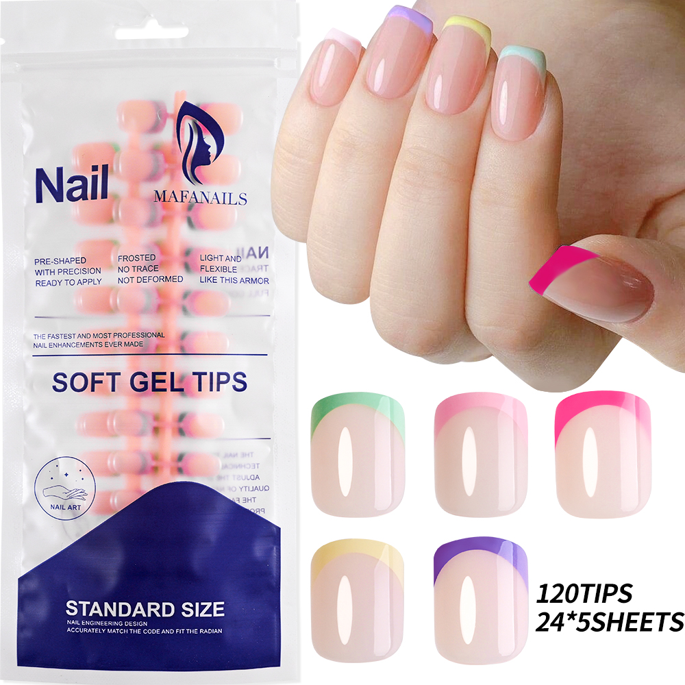 Ddmcloud 240pcs Vibrant French Nail Tips in Pink/Yellow/Green/Purple/Rose Red Chic Short Square Press-On Nails Simple & Elegant Nail Styl