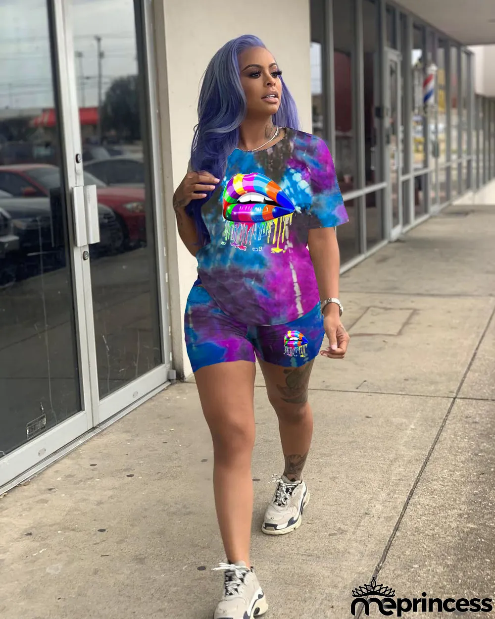 Plus Size Tie Dye Lips Print Two Piece Shorts Set