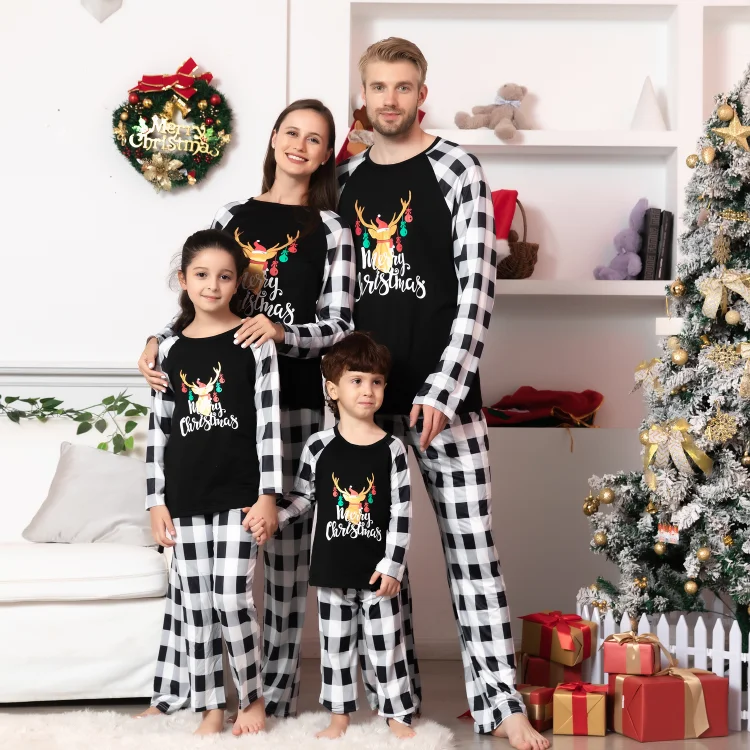 Christmas Reindeer Black&White Plaid Print Family Matching Pajamas Sets