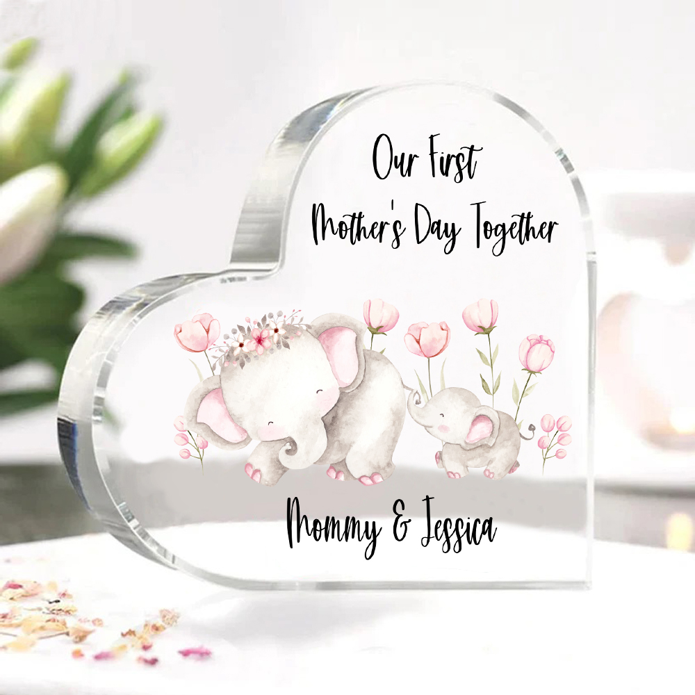 Our First Mother's Day Together - Personalised Text Acrylic Heart Keepsake Cute Elephants Ornaments-Jessemade AU