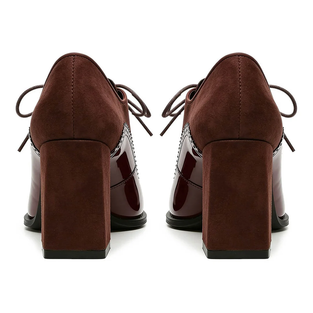 Fashion Maroon Pointed Toe Chunky Heel Lace Up Womens Oxfords