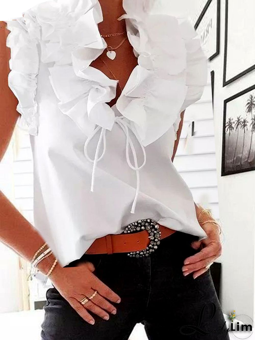 Elegant Plain V Neck Spliced Ruffle Trim Sleeveless Shirt