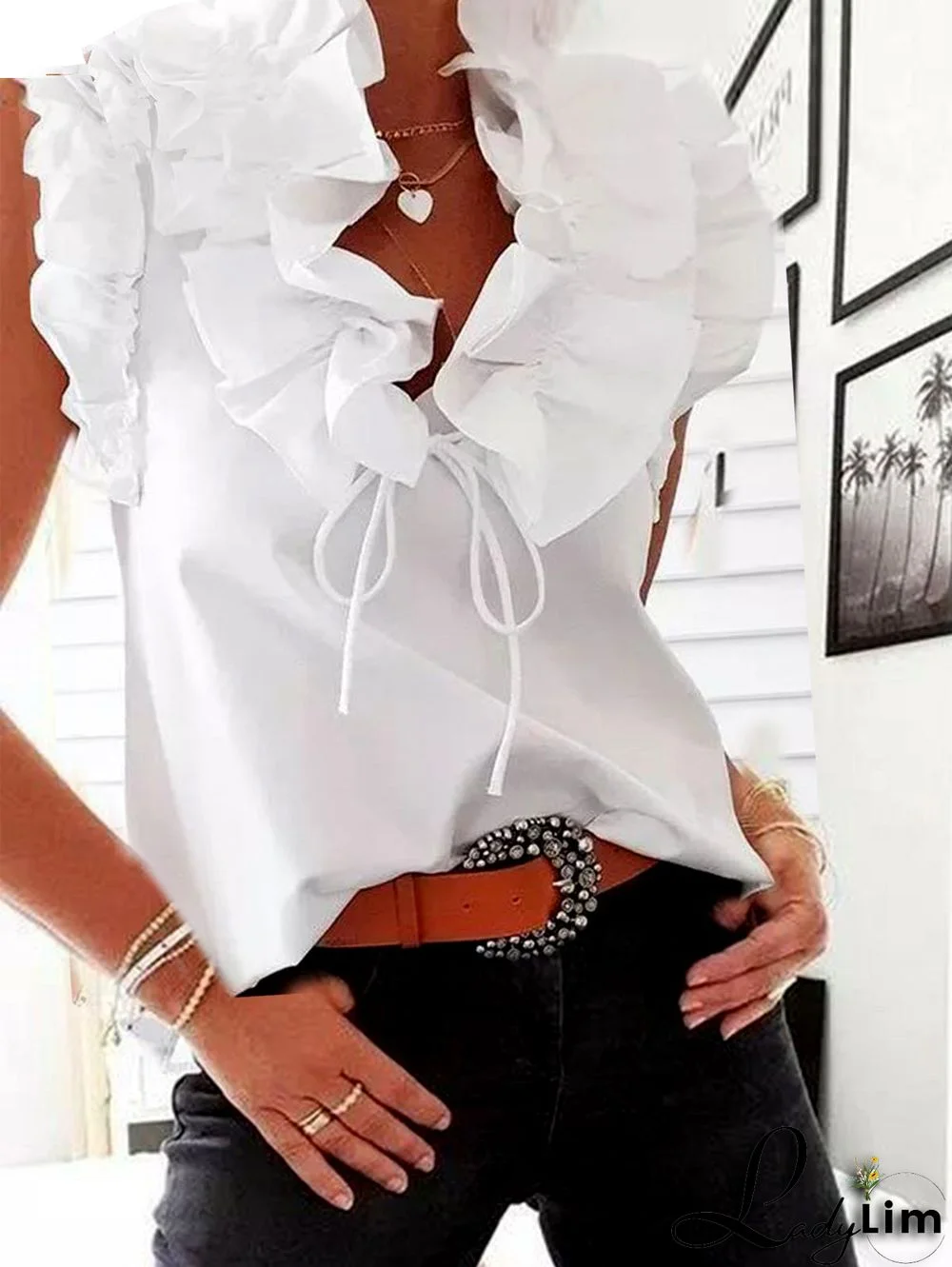 Elegant Plain V Neck Spliced Ruffle Trim Sleeveless Shirt