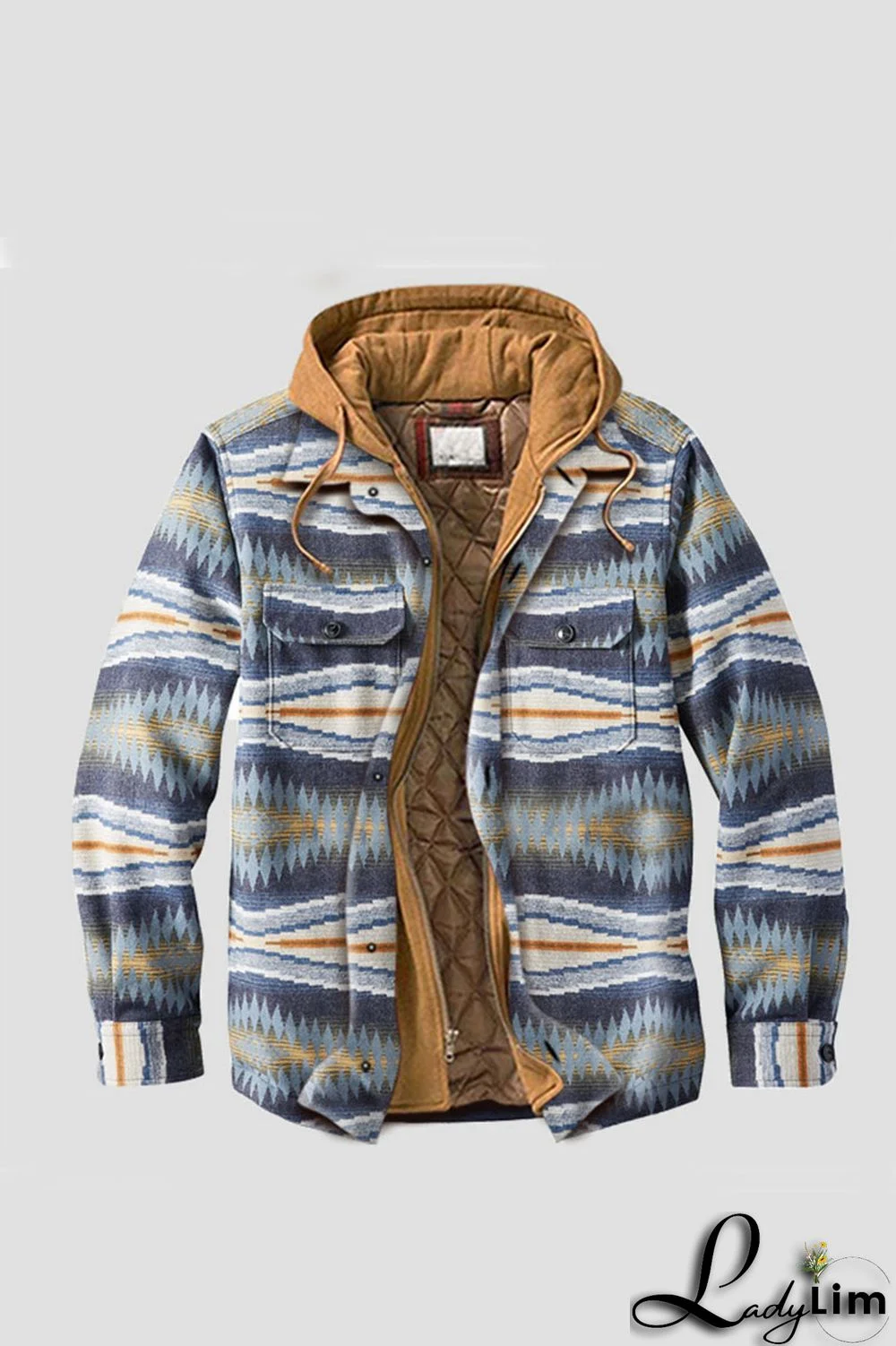 Brown Casual Plaid Draw String Zipper Hooded Collar Outerwear