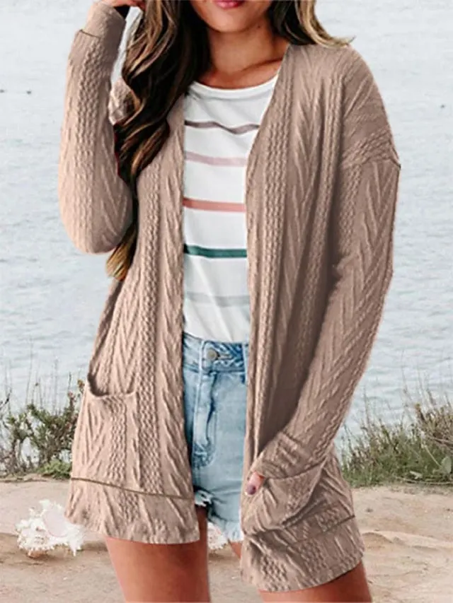 Womens Cardigan Sweater Jumper Cable Knit Pocket Solid Color Open Front Stylish Casual