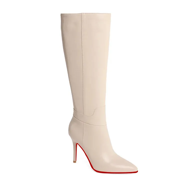 95mm/3.75 inch women's knee-high red bottom high heel boots two-color stitching matte stiletto zipper high heels-vocosishoes