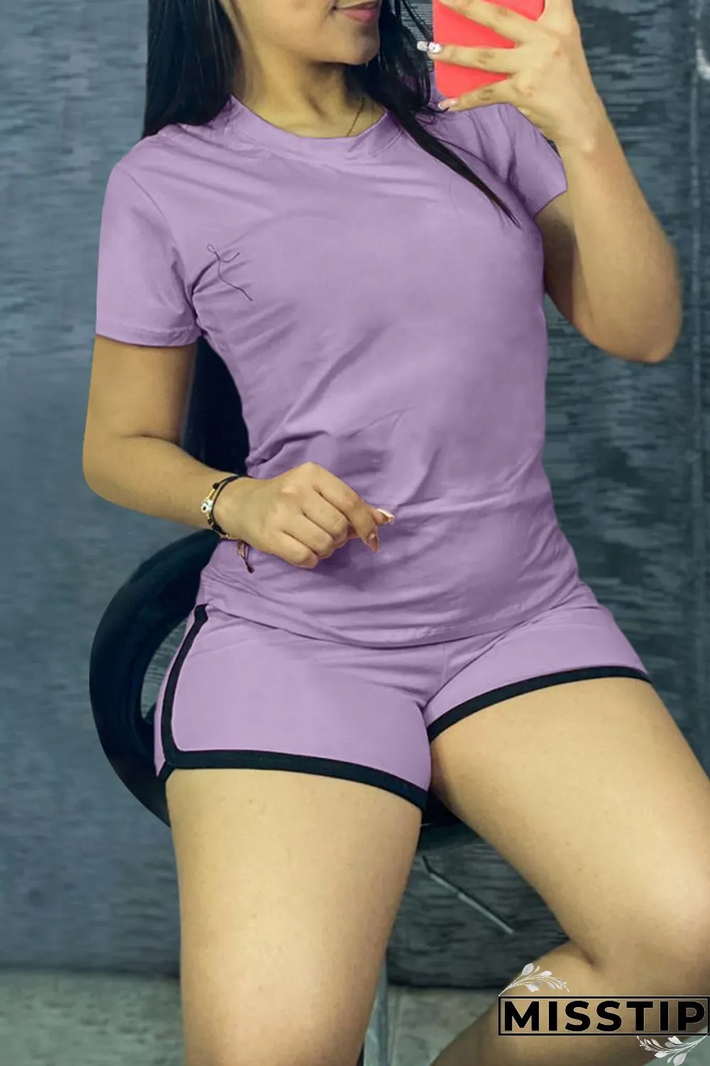 Pink Fashion Casual Solid Basic O Neck Short Sleeve Two Pieces