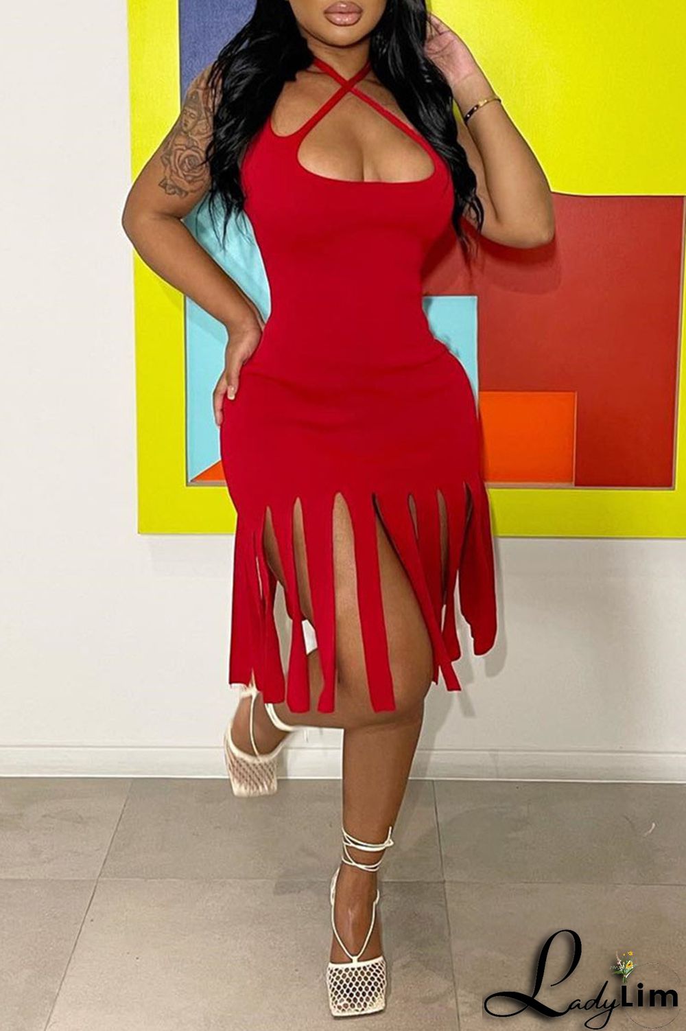 Black Sexy Solid Tassel Split Joint Pencil Skirt Dresses