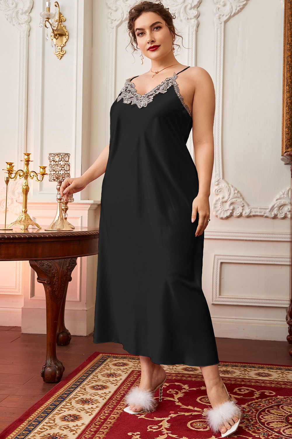 Plus Size Casual Champagne Lace Trim Cami Sleepwear Tea-Length Dress 2024 - Flycurvy 