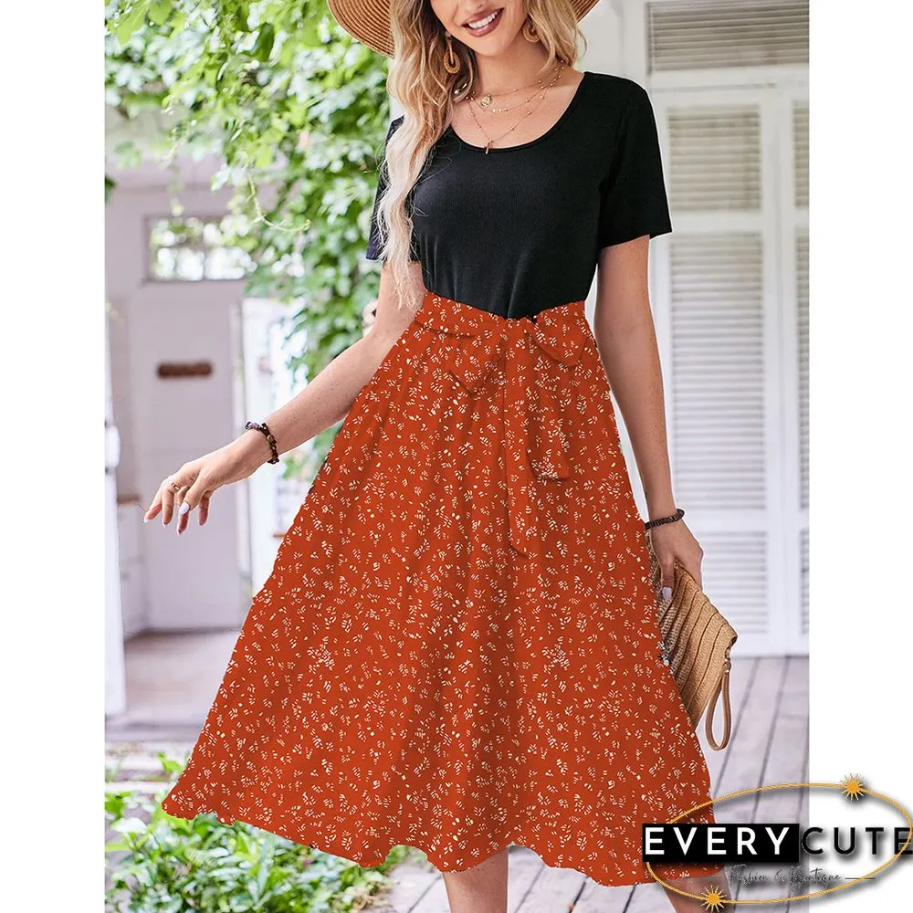 Orange Floral Print Spliced Short Sleeve Dress