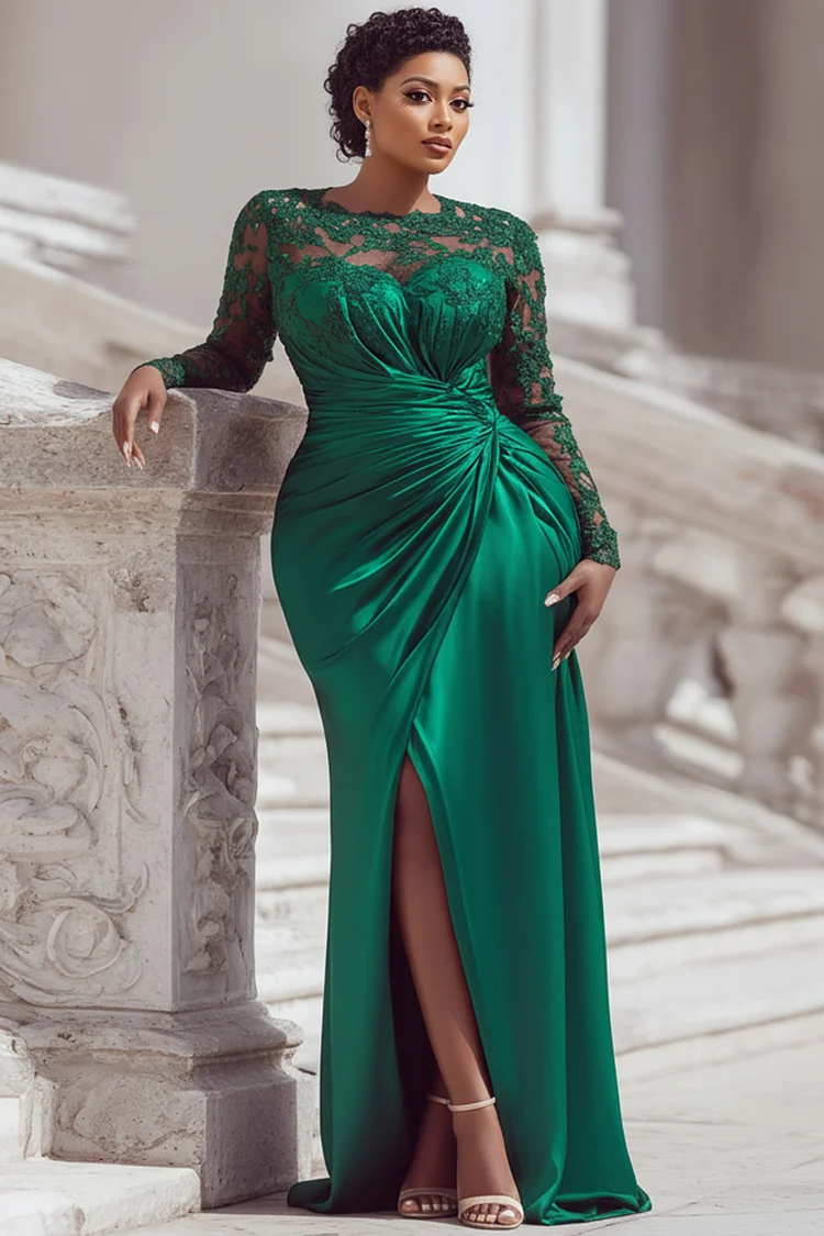 Xpluswear Design Plus Size Formal Black Round Neck Long Sleeve Split Elegant Drilling Satin Maxi Dresses [Pre-Order]