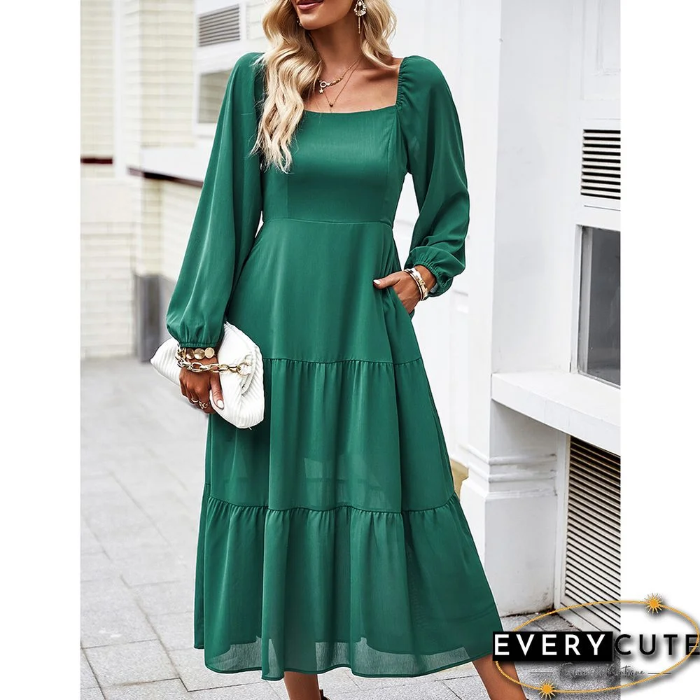 Green Solid Square Neck Pocket Long Sleeve Dress