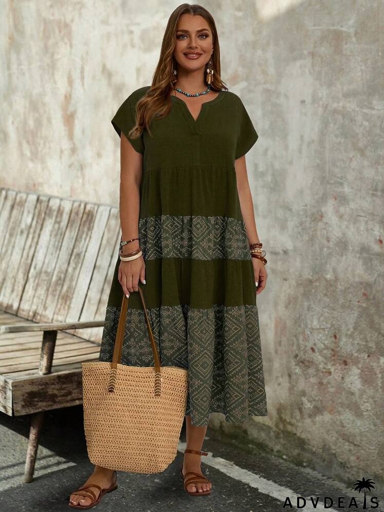 Plus Size Women's Geometric Printed Casual Short Sleeve Country Linen Dress With Notched Neckline And Ruffled Hem For Summer