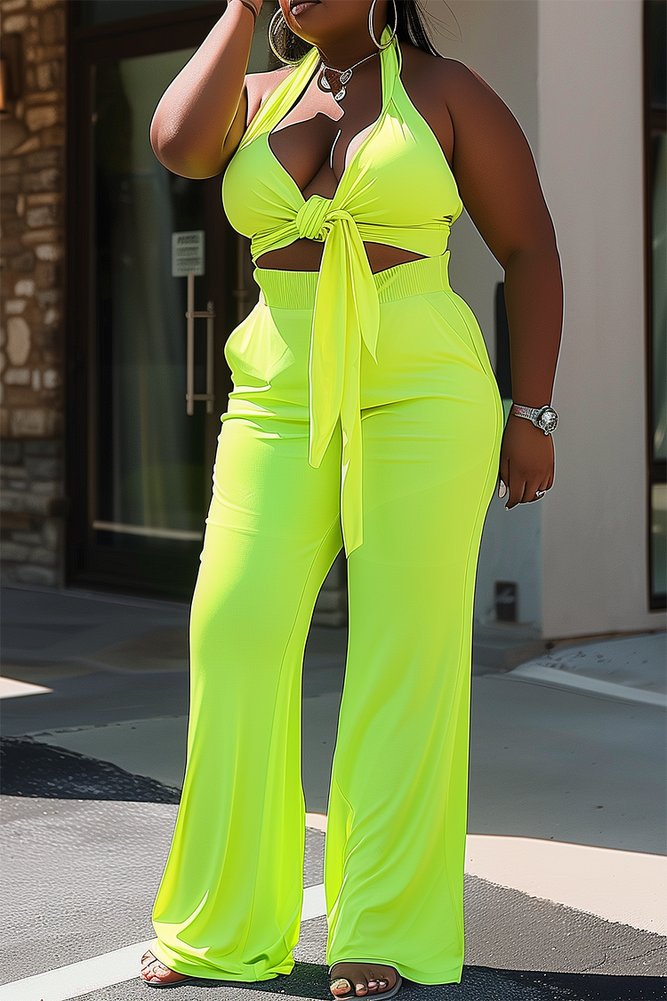 Xpluswear Design Plus Size Beach Fluorescent Green Halter Collar Short Sleeve Pocket Pull-On Waist Knitted Two Piece Pant Sets [Pre-Order]