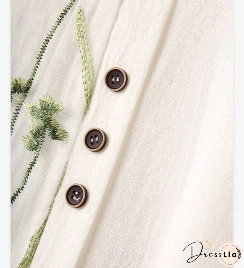 New Autumn Shirts Women's Loose Cotton Hemp Pullover Embroidered Round Neck Top Large Pullover White Shirt
