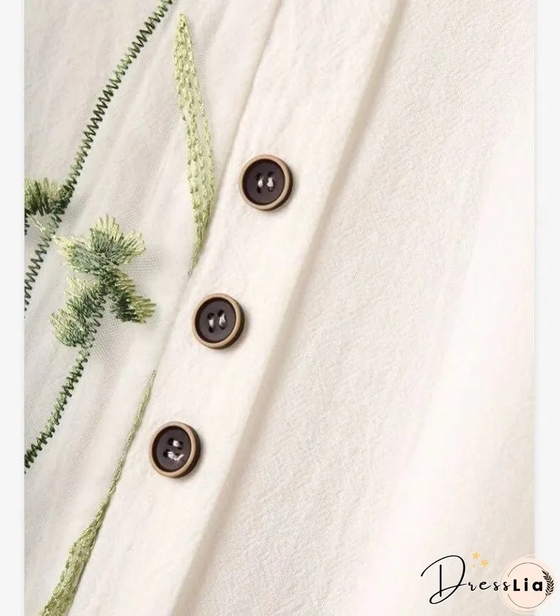 New Autumn Shirts Women's Loose Cotton Hemp Pullover Embroidered Round Neck Top Large Pullover White Shirt