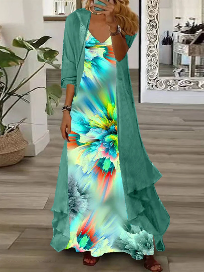 Women's Long Sleeve V-neck Graphic Printed Two Pieces Maxi Dress