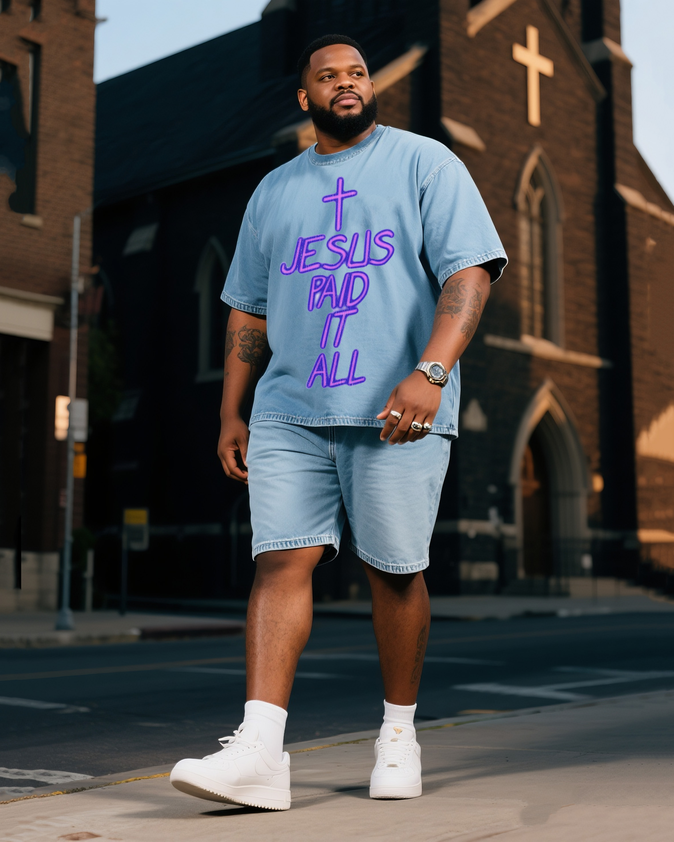 Plus Size Boys Jesus Paid It All Printed Short Sleeve Shorts Denim Suit