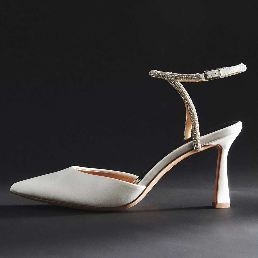 White Satin Pointed Rhinestone Embellished Ankle Strap Pumps     Nicepairs