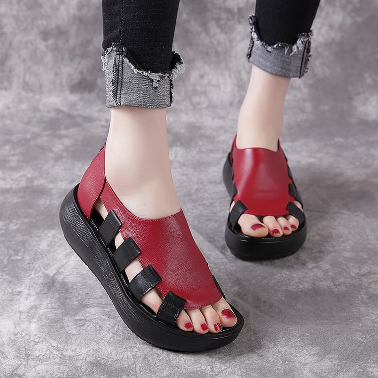 2022 Summer Genuine Leather Flat Platform Sandals For Women Hollow Out Mixed Colors Breathable Peep Toe Ladies Sandals - Shop Trendy Women's Fashion | TeeYours