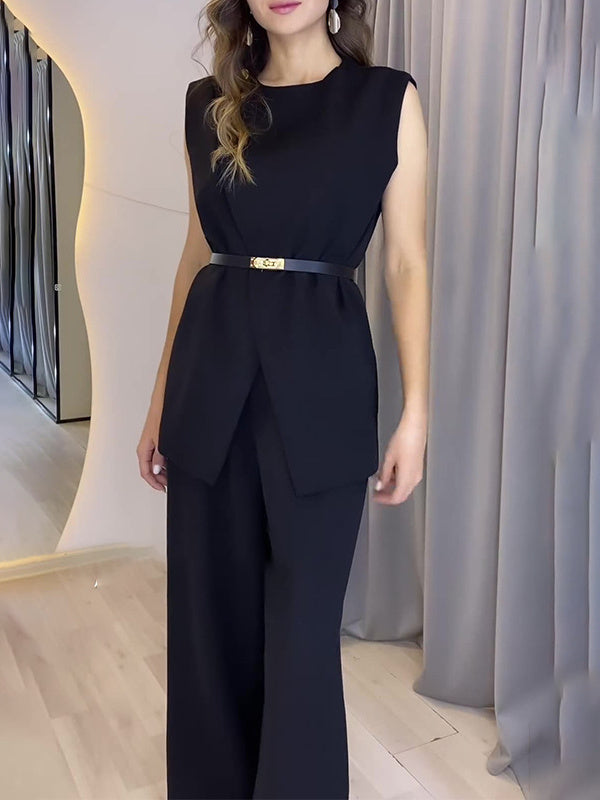 Women's Round neck Three-dimensional Irregular Wide Drape Top And Straight Pants Suit