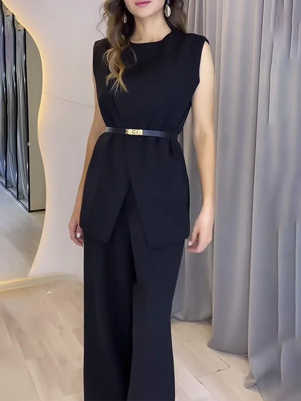 Style & Comfort for Mature Women Women's Round neck Three-dimensional Irregular Wide Drape Top And Straight Pants Suit