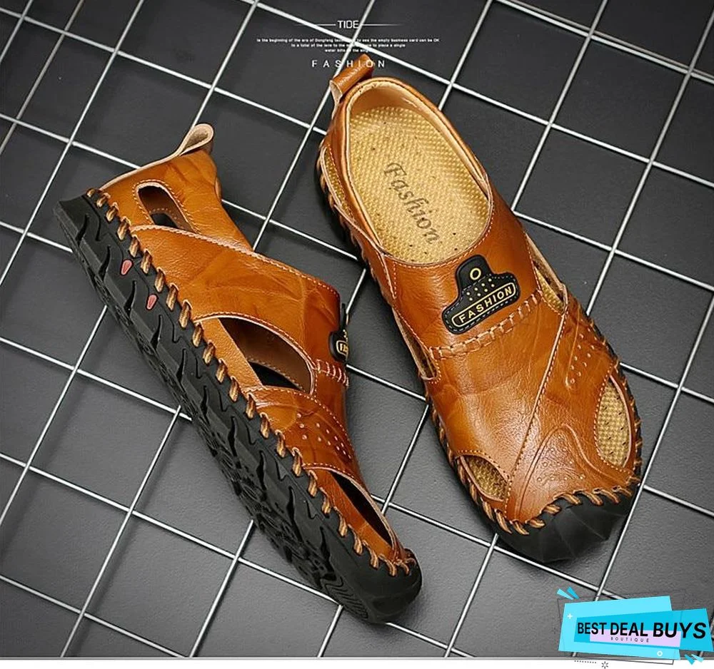 Men's Leather Beach Sandals Outdoor Breathable Casual Footwear Walking Sandals