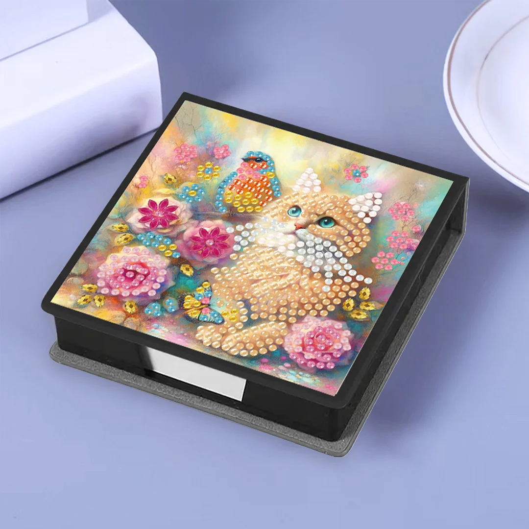 Cats Flowers PU DIY 5D Diamond Painting Note Box with 160 Sheets for Office Home