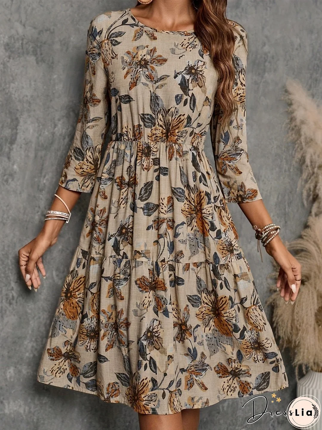 Printed Round Neck Three-Quarter Sleeve Dress