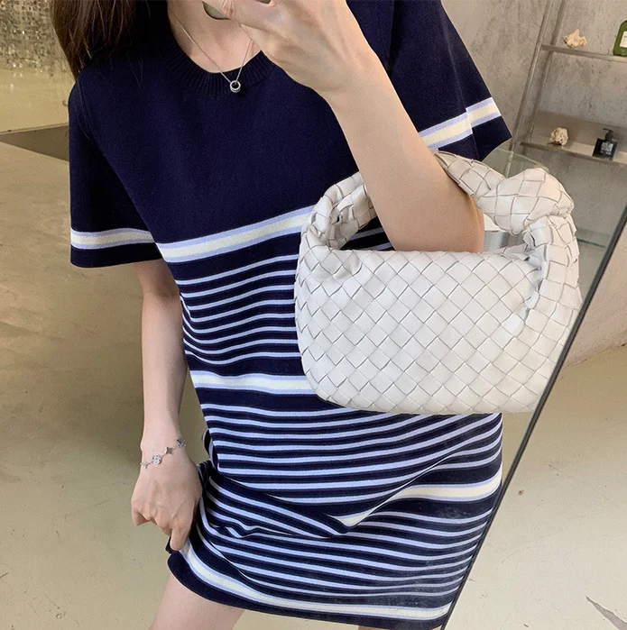 Uveng Uveng Summer New Striped Knitted Temperament Sexy Knitted Ice Silk Cover Head Short Sleeve Splicing Dress Woman Trend