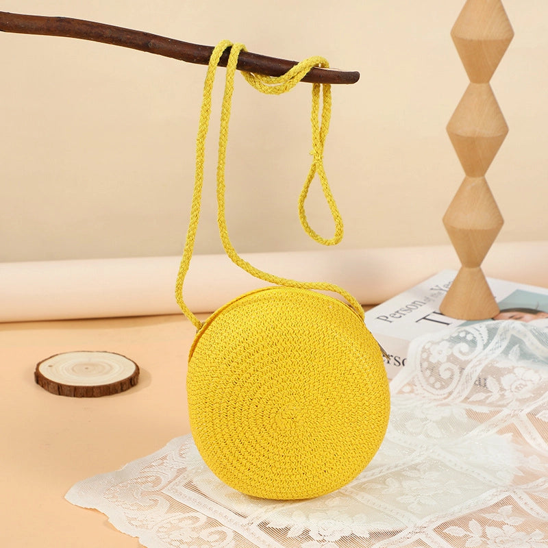 Girl’S Straw Solid Color Cute Round Zipper Shoulder Bag