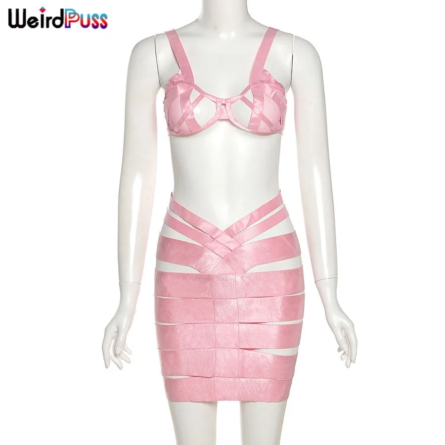 Weird Puss Two Piece Set Women Hollow Out Mesh Band Patchwork Summer Trend Beach Style Top+Skirt Skinny Matching Party Clubwear
