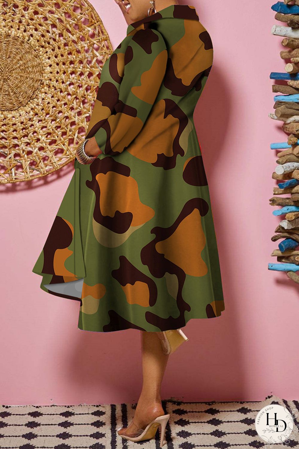 Camouflage Fashion Casual Print Patchwork Turndown Collar Shirt Dress