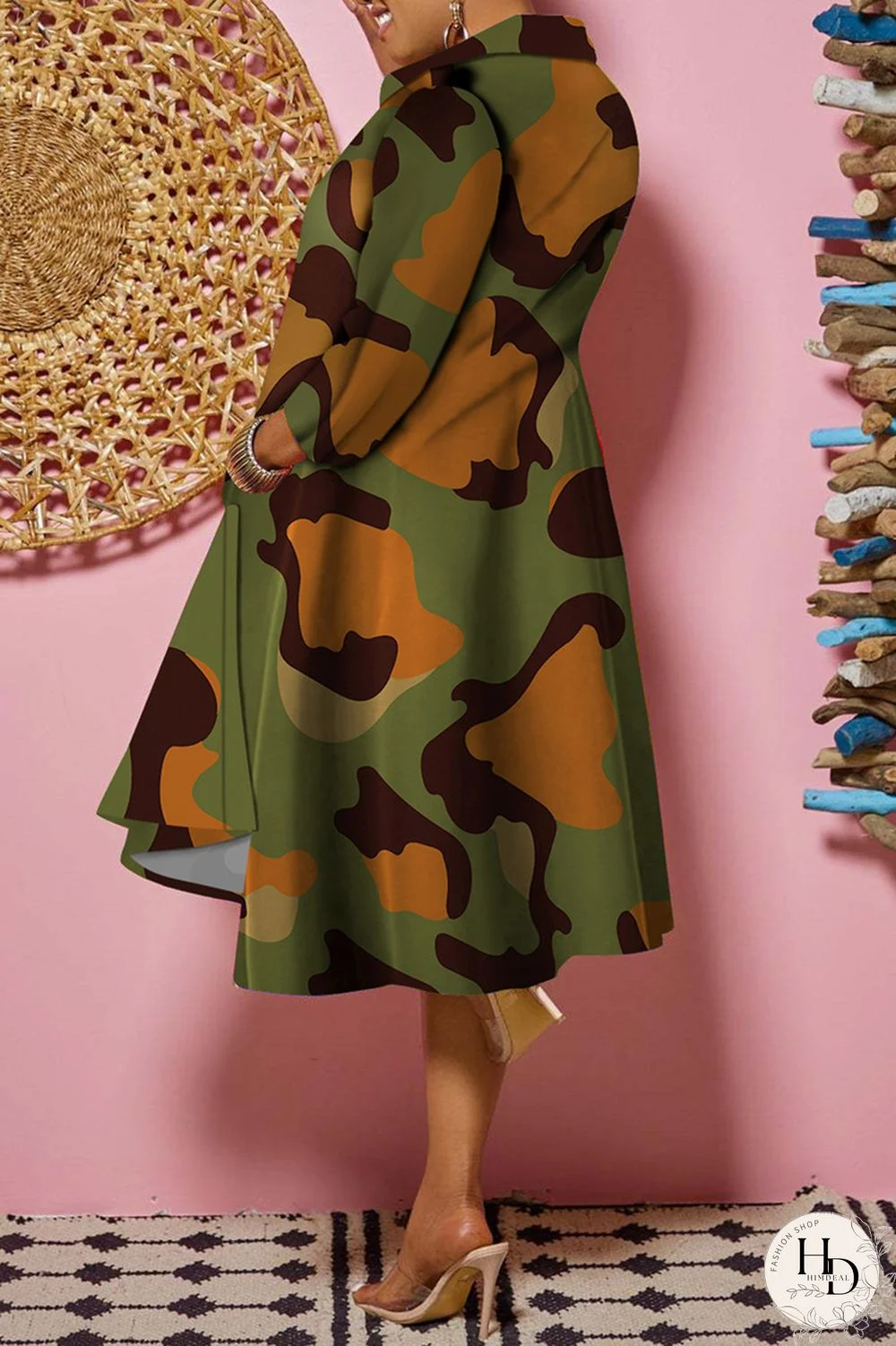 Camouflage Fashion Casual Print Patchwork Turndown Collar Shirt Dress